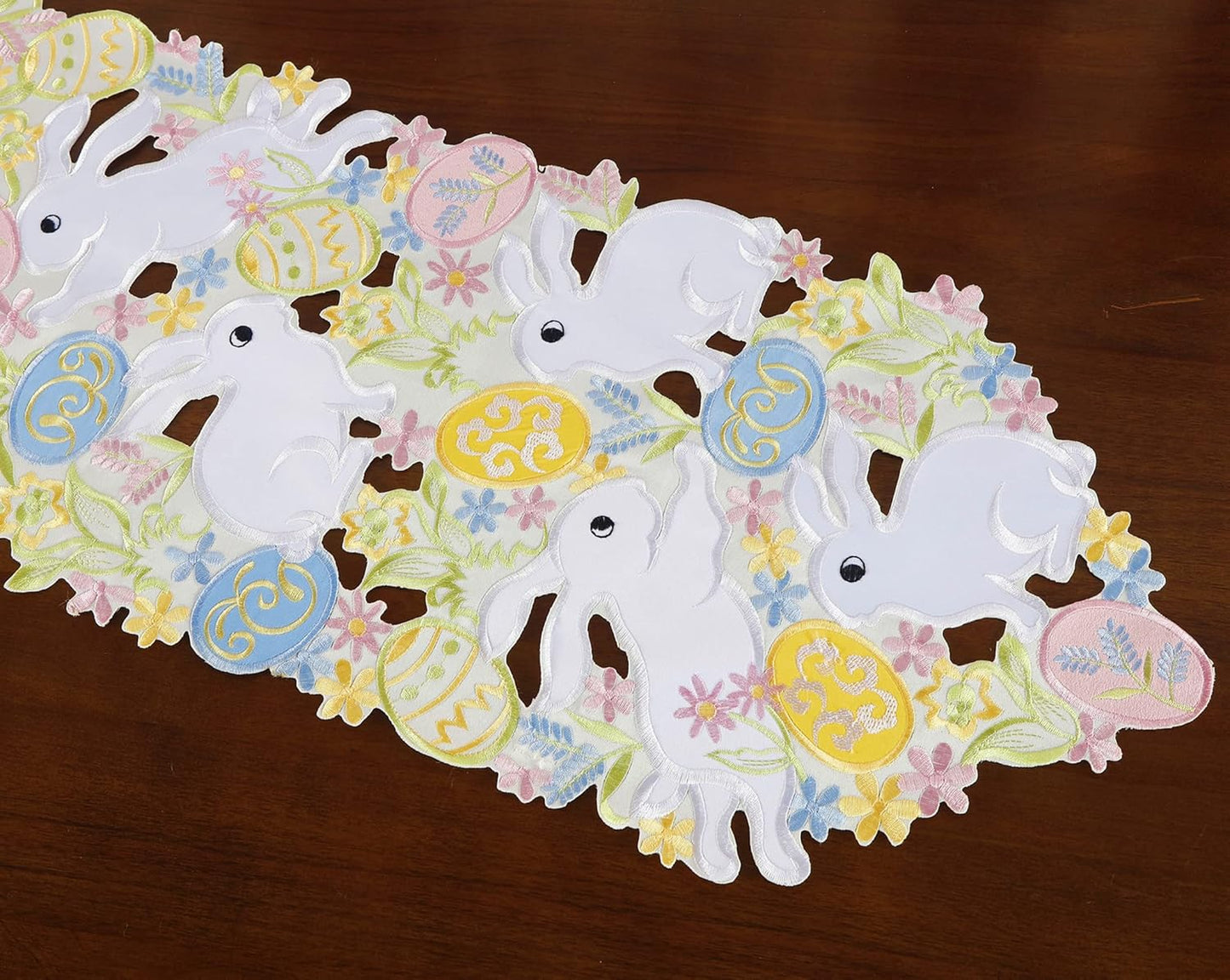 Easter Table Runner Spring Bunnys Flowery Table Runner Cutwork Embroidered Floral and Bunnys Dresser Scarf Table Topper Home Kitchen Dining Tabletop Decoration (Runner 13"×54", Bunny)