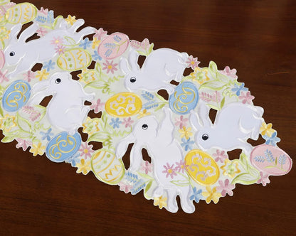 Easter Table Runner Spring Bunnys Flowery Table Runner Cutwork Embroidered Floral and Bunnys Dresser Scarf Table Topper Home Kitchen Dining Tabletop Decoration (Runner 13"×54", Bunny)