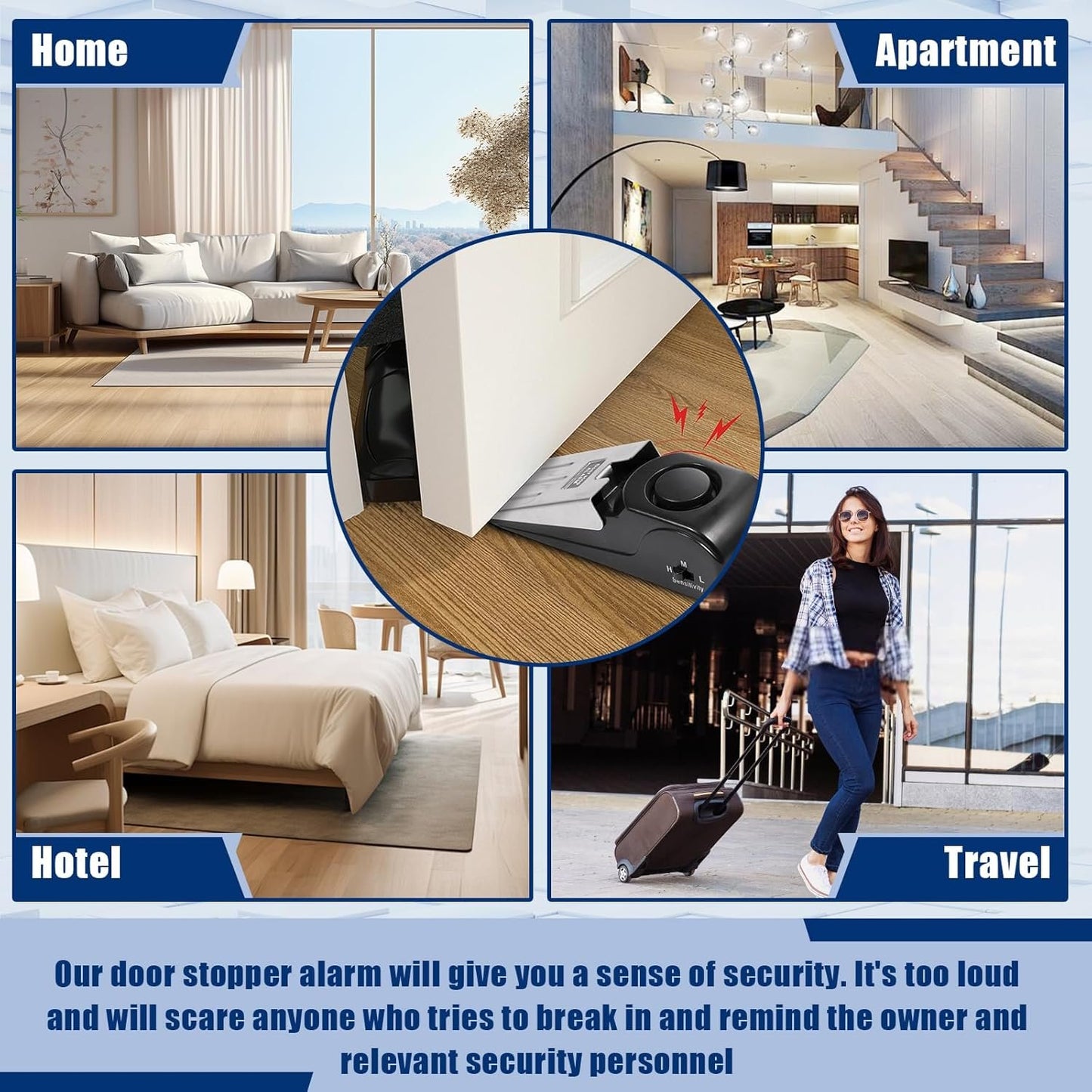 TOWODE Door Stop Alarm 2 Pack, 120 dB Door Stopper Wedge Door Stops Alarm Great for Traveling Hotel Home Security Door Stoppers Safety Tools