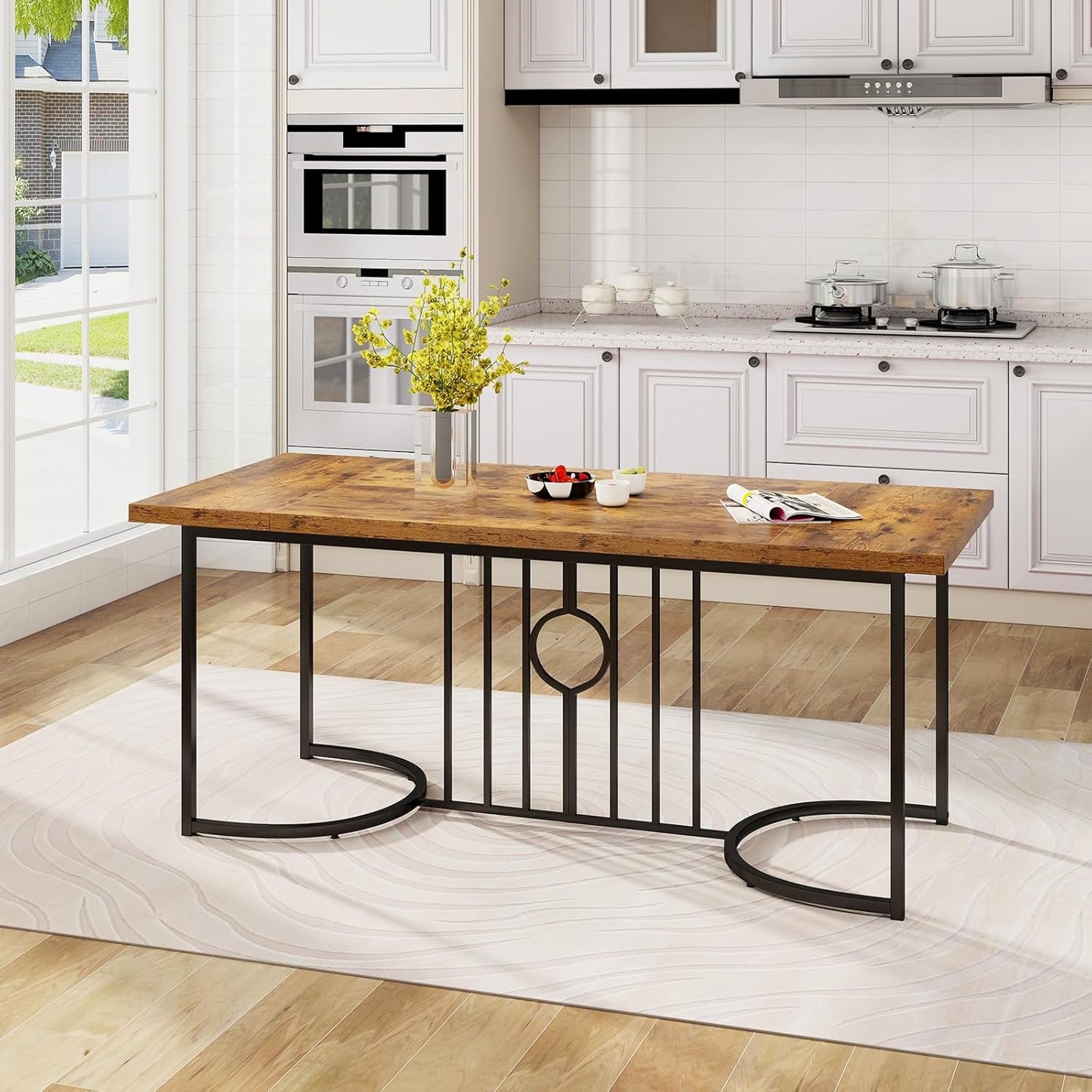 Giantex 180 cm Large Dining Table for 6-8 People, Farmhouse Rectangular Wood Kitchen Table w/Wooden Tabletop, Metal Frame, Industrial Rustic Brown Long Table for Home Office Dining Room, Load 135 KG