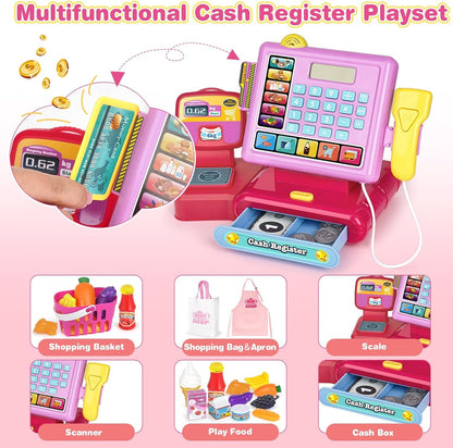 Dreamon Cash Register Toy for Kids with Scanner, Caisse Enregistreuse Enfant, Play Money Shopping Cart Educational Learning Gifts for Girl Boys Ages 3 4 5 6 7 8
