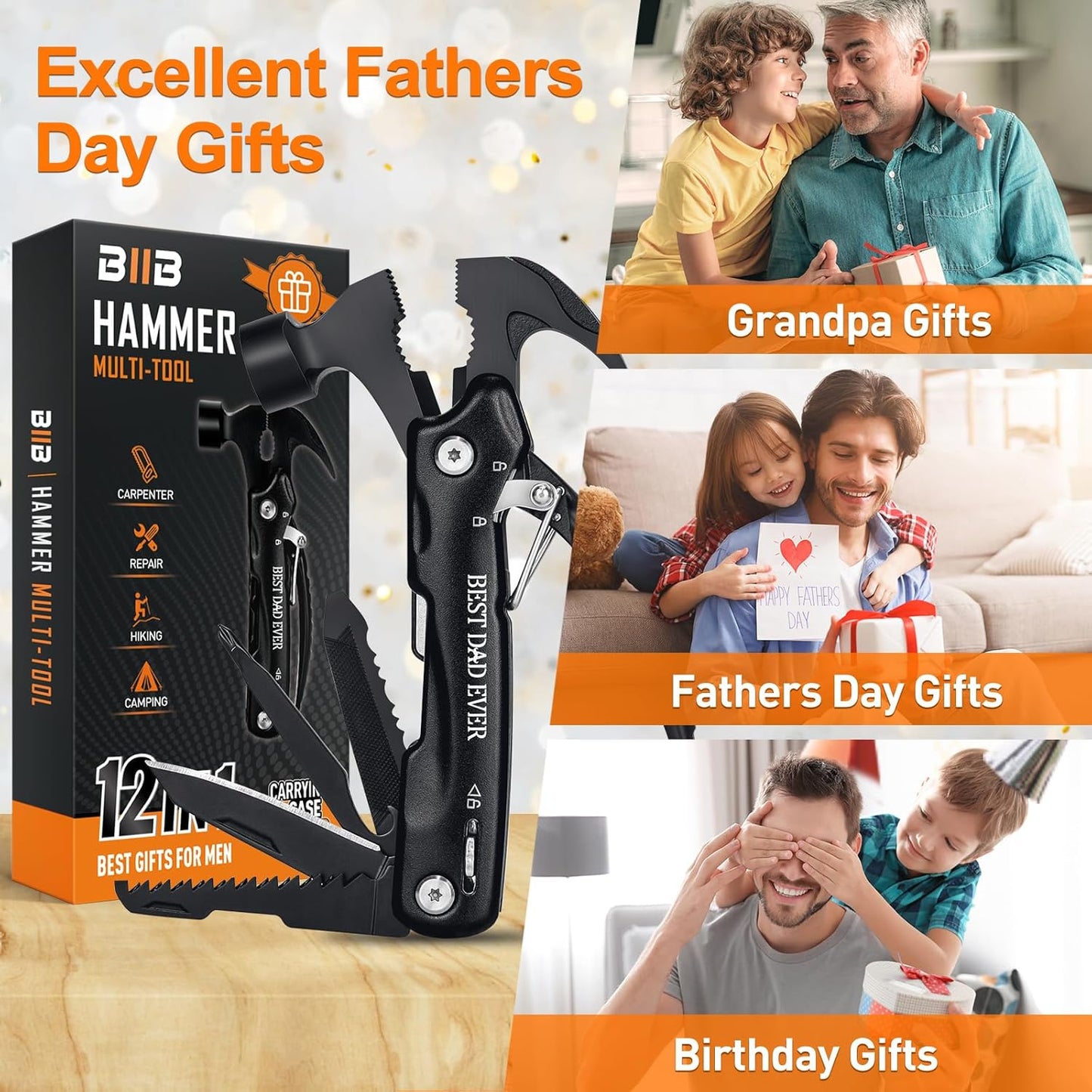 BIIB Fathers Day Dad Gifts from Daughter Wife Son, 12 in 1 Hammer Multitool, Father's Day Gifts for Men Dad Him Husband Grandpa, Birthday Mens Gifts for Dad Who Wants Nothing, Camping Essentials Gear