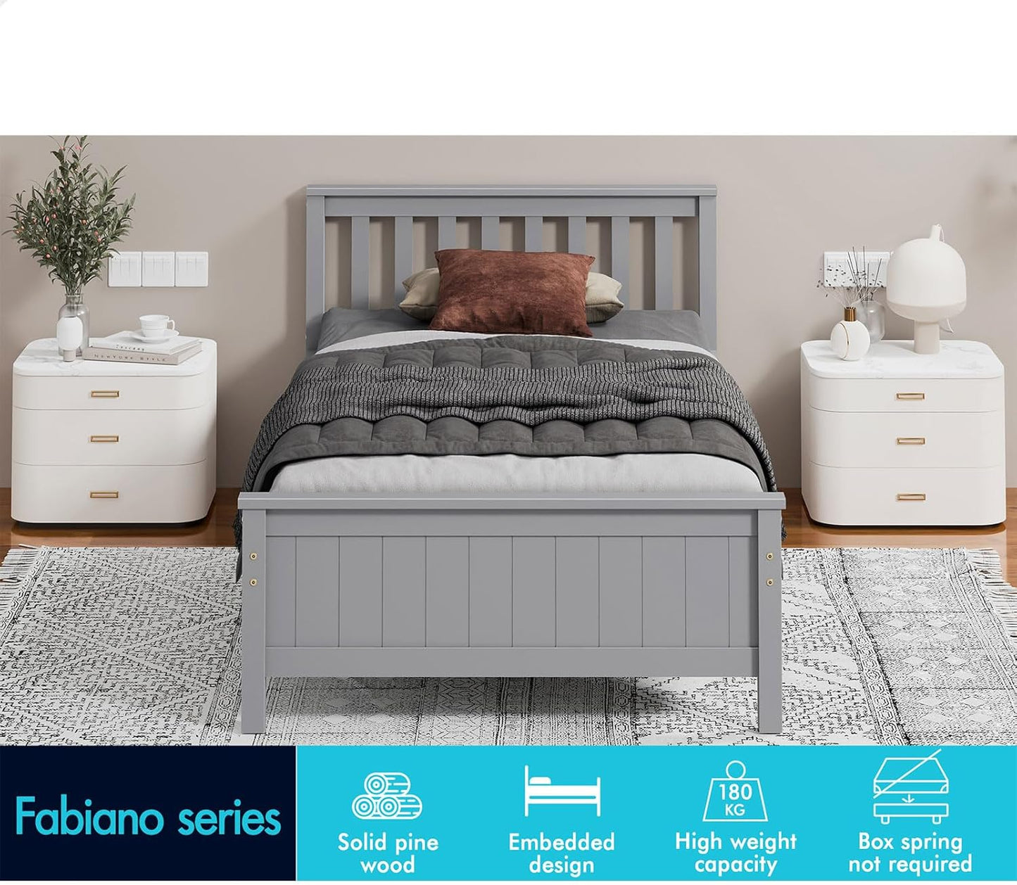 ALFORDSON King Single Size Wooden Bed Frame Base Fabiano Series with Headboard & Tailboard, Slatted Design with Solid Pine Wood Construction for Home Bedroom, Modern Scandinavian Style, Grey