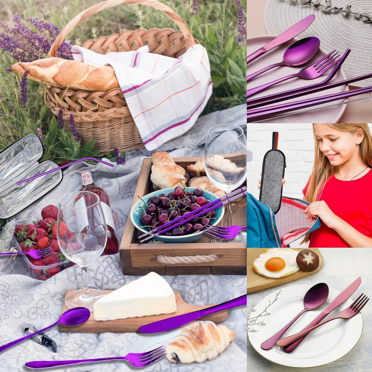 Flatware Set - Travel Camping Cutlery Set - 304 Stainless Steel Portable Utensils Including Case for Lunch School Camping Office (Straw+Straight Straw+Knife+Fork+Spoon+Chopsticks+Cleaning Brush)Purple