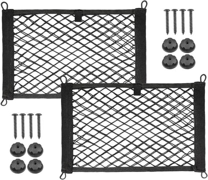 2 Pack Universal Mesh Cargo Netï¼ŒBetterJonny Stretchable Elastic Automotive Cargo Nets with 8 Pieces Mounting Screws and Hooks for Car Trunk Storage Mesh Pocket Net(Black)