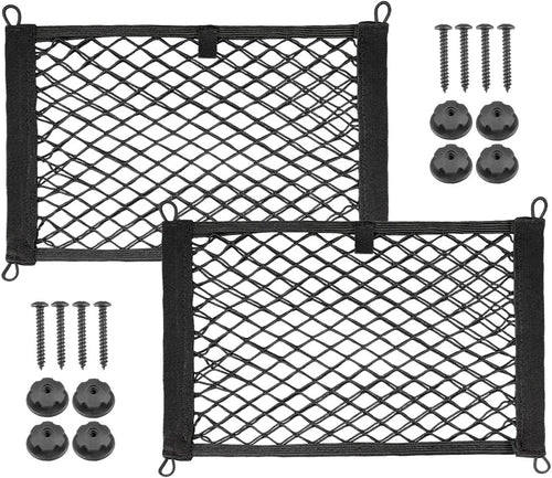 2 Pack Universal Mesh Cargo Netï¼ŒBetterJonny Stretchable Elastic Automotive Cargo Nets with 8 Pieces Mounting Screws and Hooks for Car Trunk Storage Mesh Pocket Net(Black)