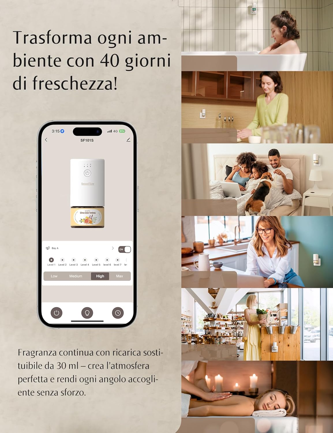SenseFlow SF101S Wi-Fi Essential Oil Diffuser – Ultrasonic Waterless Air Freshener for Rooms, 100% Vegetable, Aroma 120 Days, LED, Ideal for Home, Hotel and Studio – Capri Orange