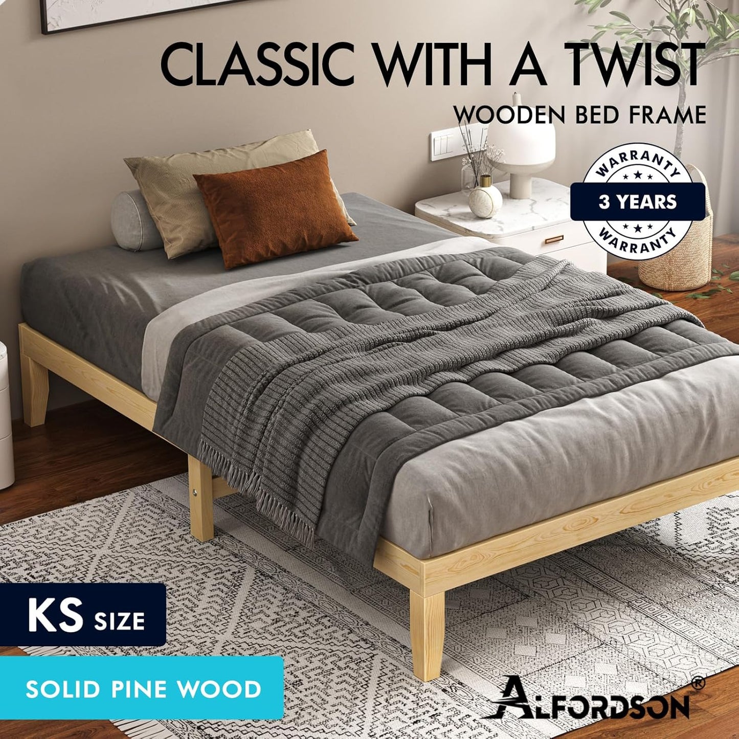 ALFORDSON Bed Frame King Single Wooden Bed Base with Solid Wood Pine Timber Slats, Mattress Base Platform Support, Oak Bed Foundation with Storage Space, Pramod Series Home Bedroom Furniture