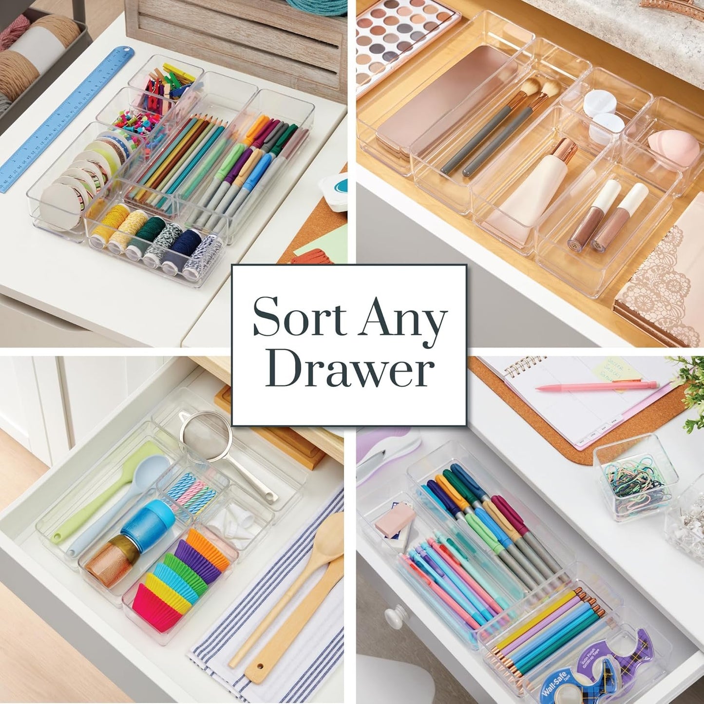 STORi SimpleSort 6-Piece Stackable Clear Drawer Organizer Set | Multi-size Trays | Small Makeup Vanity Storage Bins and Office Desk Drawer Dividers | Made in USA