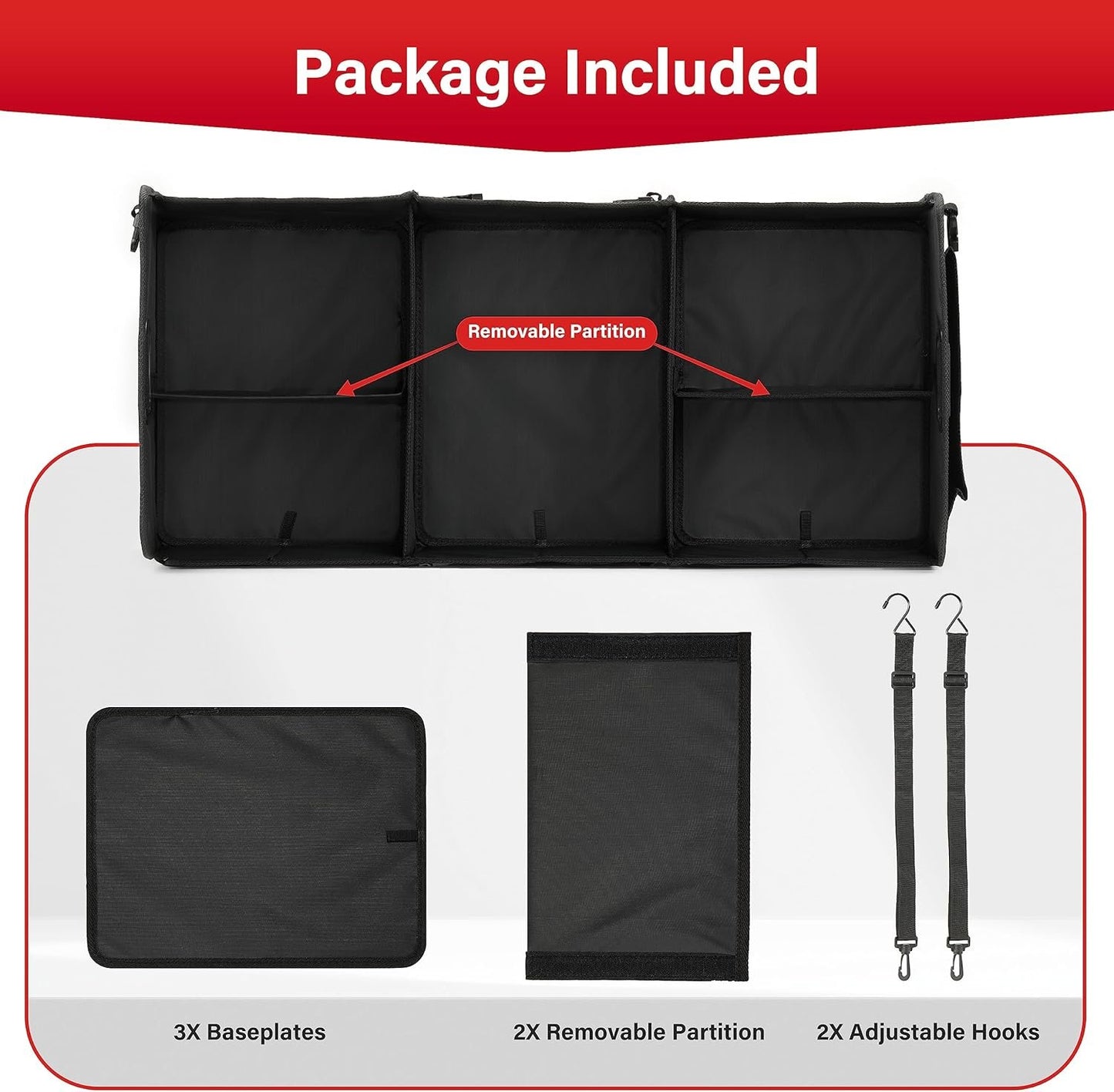 Simple Deluxe Car Trunk Organizer, Multi Compartments Collapsible Trunk Storage, Anti-slip, Waterproof 600D Oxford Polyester, with Adjustable Straps for SUV, Minivan, Truck, Large Size, Black