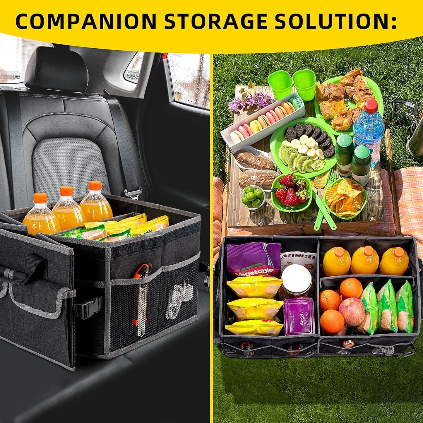 BPFY Black Collapsible Car Trunk Organizer for Suv with Lid, Large Trunk Organizer for Car with Anti Slip Velcro, Oxford Multi-Compartments Car Organizer Trunk