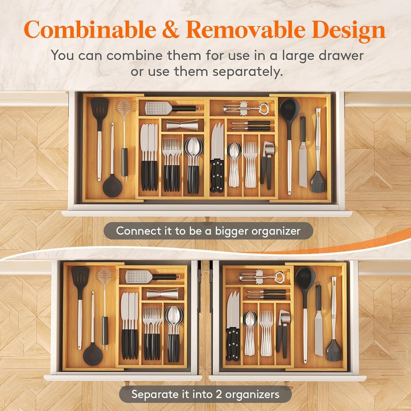 Lifewit Large Silverware Drawer Organizer, Expandable 21.4 to 36 Inches Wide, Bamboo Utensil Tray for Kitchen, Adjustable Flatware and Cutlery Holder for Spoons Forks Knives, 13 Compartments, Natural