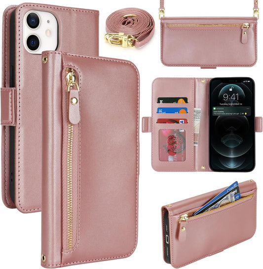 Cavor for iPhone 12/12 Pro Case Adjustable Crossbody Wallet with Card Holder Kickstand Long Shoulder Lanyard Wrist Strap PU Leather Magnetic Flip Cover Phone Zipper Pocket-Rose