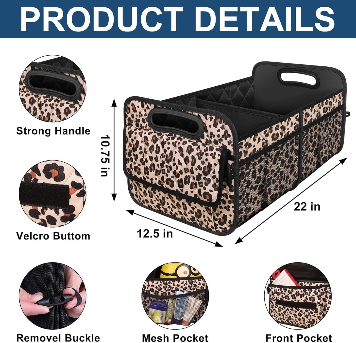 Deosk Car Trunk Organizer for SUV, 50L Waterproof Polyester Storage With 6 Big Pockets for Women/Men - Minivan/Truck (Medium, Leopard Print)