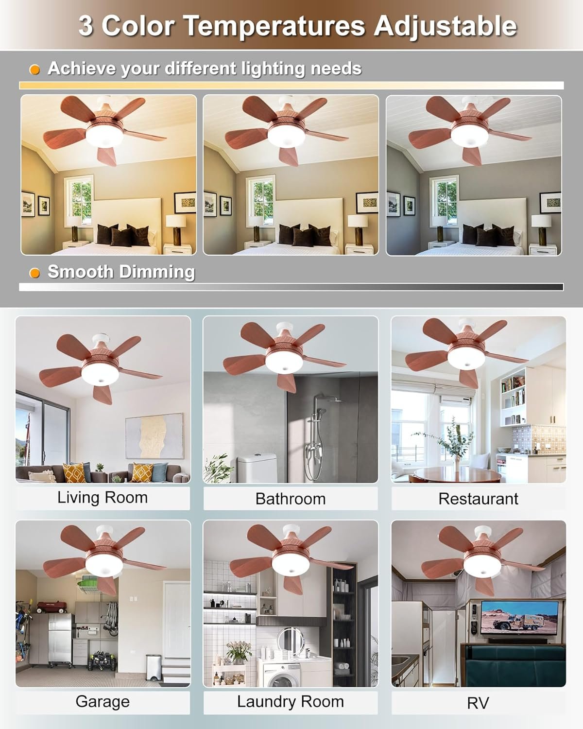 Ceiling Fans with Lights and Remote, Socket Fan Light with Remote, 2000 LM Dimmable Quiet LED Ceiling Fan, 3 Wind Speeds, for Bedroom Dining Room Closets Garages - Small Ceiling Fan (Woodgrain)