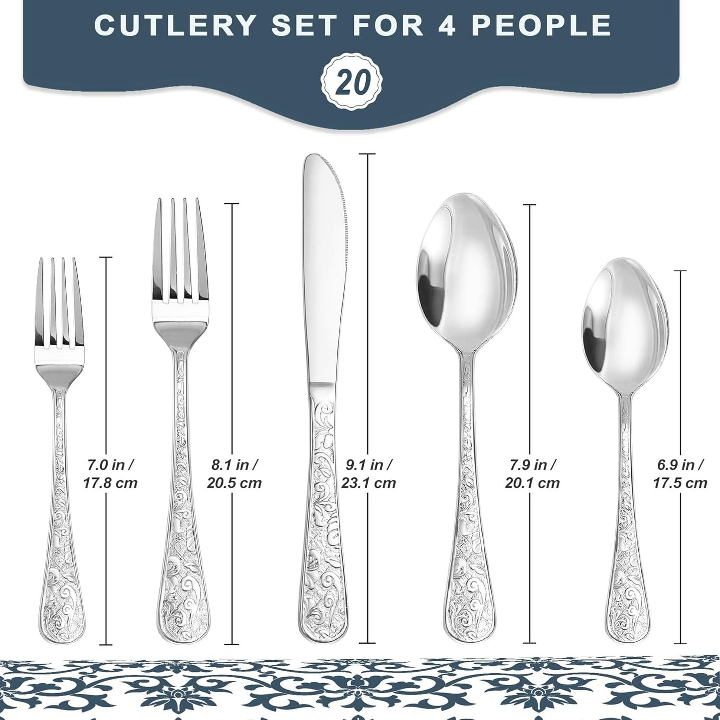 Runfly Vintage Carved Stainless Steel 20 Pieces Flatware Set, Silverware Set, Modern Embossed Cutlery Set Utensils Including Fork Spoon and Knife