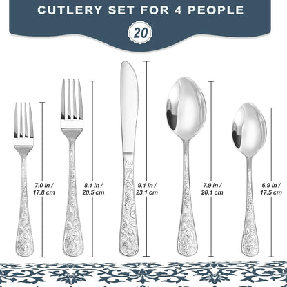 Runfly Vintage Carved Stainless Steel 20 Pieces Flatware Set, Silverware Set, Modern Embossed Cutlery Set Utensils Including Fork Spoon and Knife