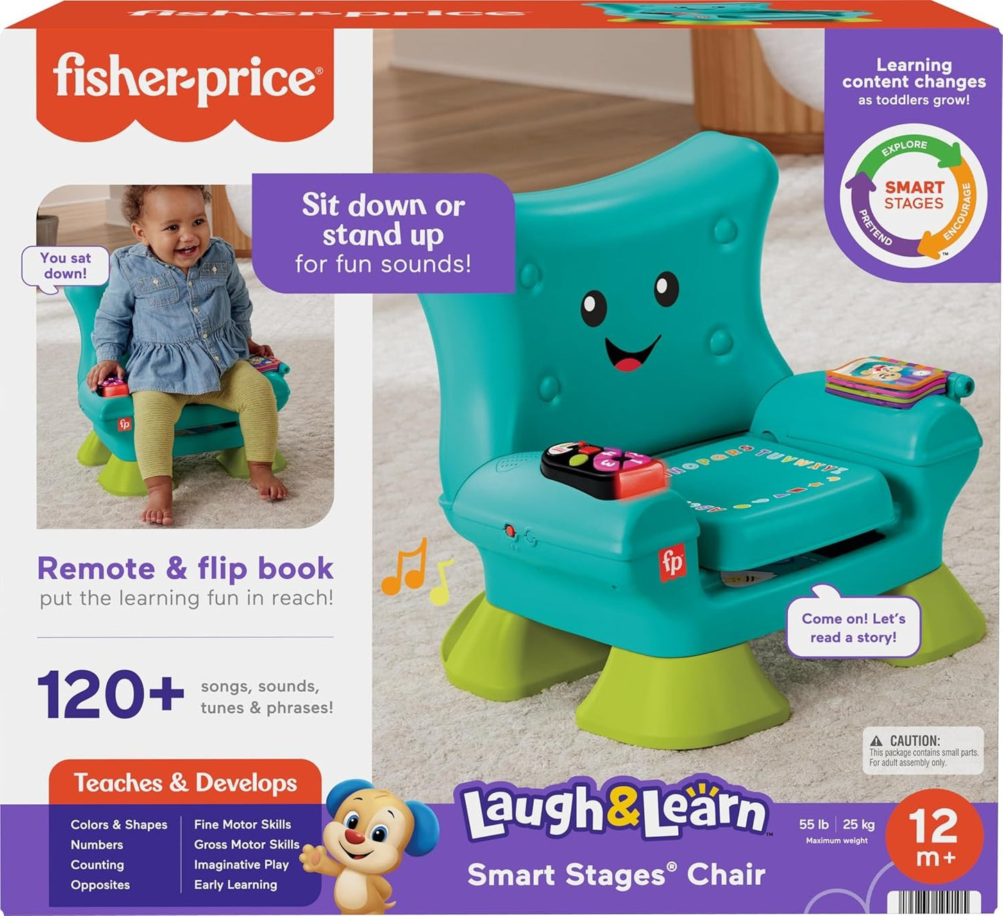 Fisher-Price Laugh & Learn Toddler Learning Toy Smart Stages Chair, Teal, Music Lights & Activities for Ages 1+ Years, Multilanguage Version