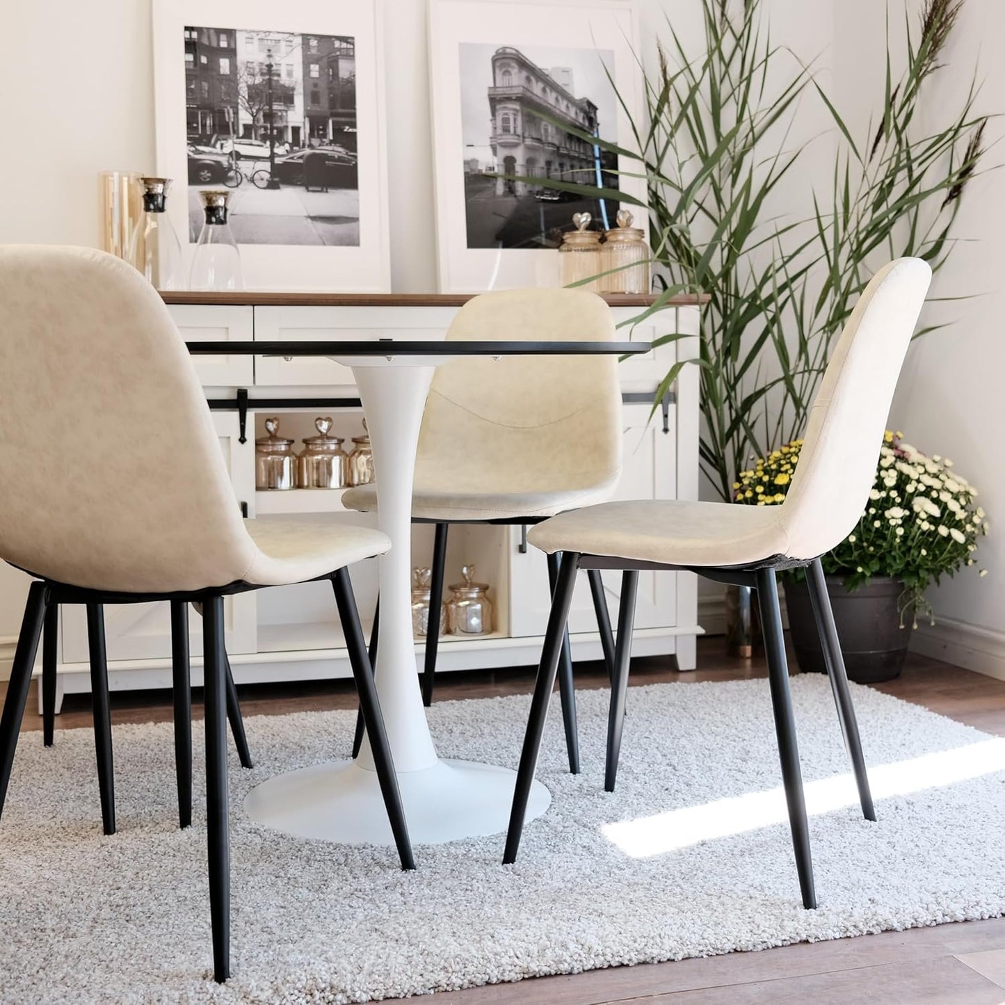 Inspirer Studio Dining Table Set for 4 - Tuilp Table with 4 Upholstered Dining Chairs (Matt Cream)