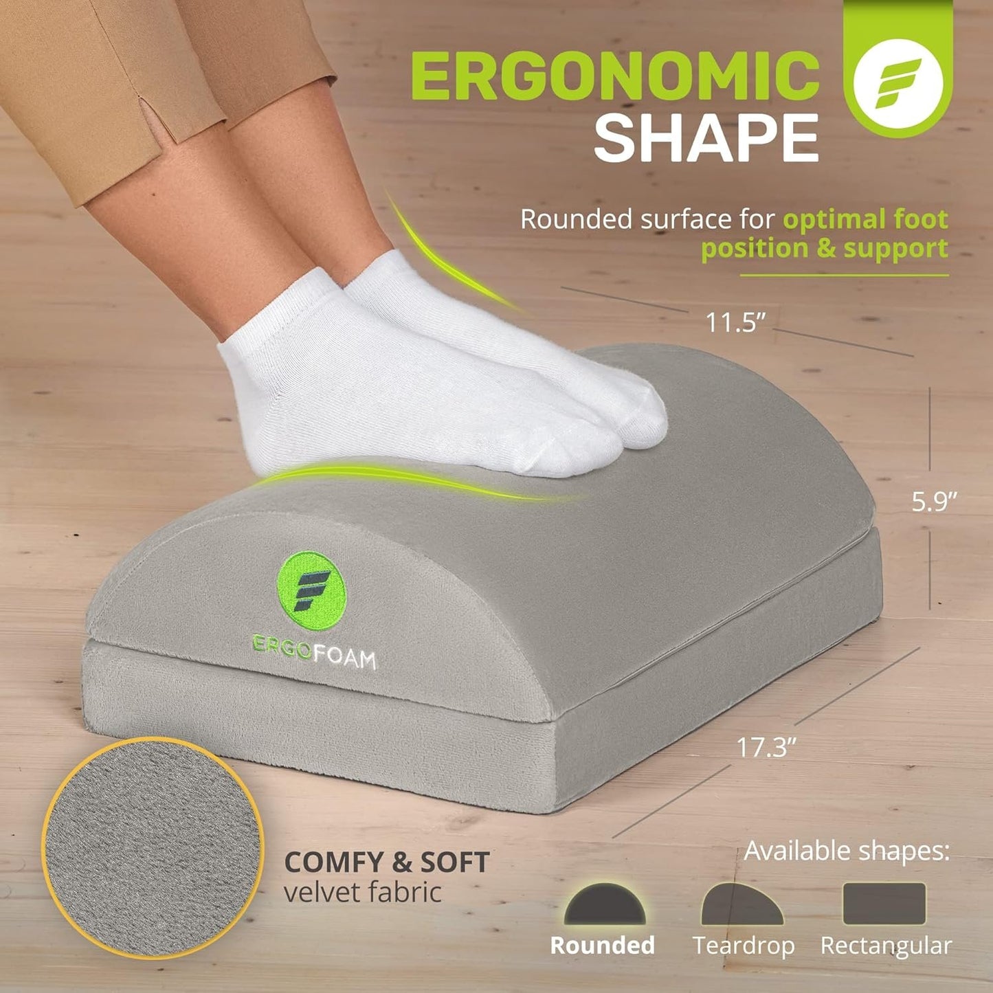 ErgoFoam Adjustable Ergonomic Foot Rest - Grey Metal Frame with Velvet Cover - Under Desk Foot Rest
