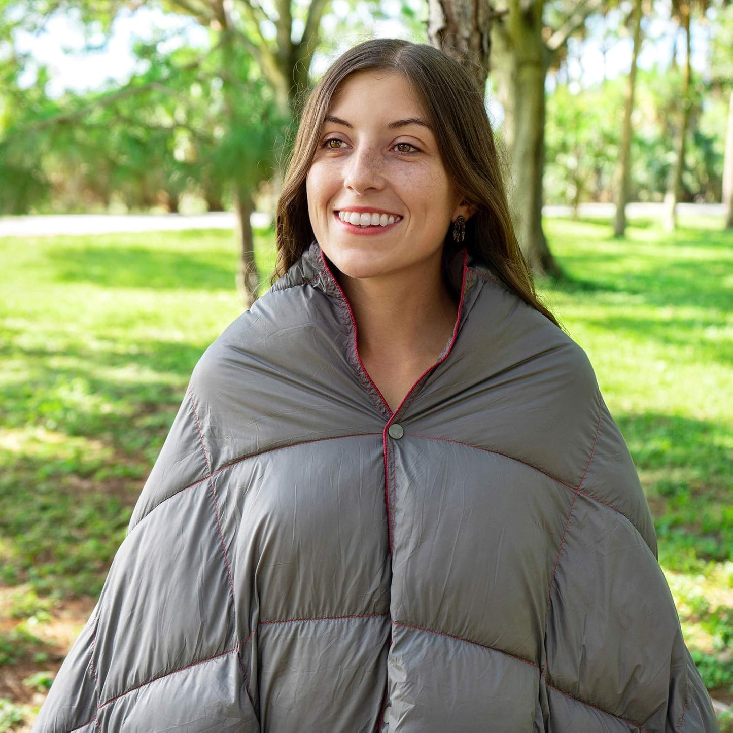 Get Out Gear Double Puffy Camping Blanket - Extra Puffy, Packable, Lightweight and Warm | Ideal for Outdoors, Travel, Stadium, Festivals, Beach, Hammock | Water-Resistant Camp Quilt (Gray/Burgundy)