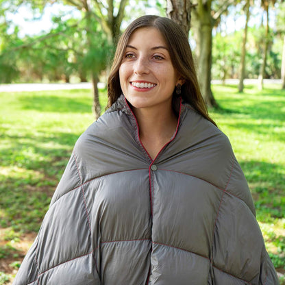 Get Out Gear Double Puffy Camping Blanket - Extra Puffy, Packable, Lightweight and Warm | Ideal for Outdoors, Travel, Stadium, Festivals, Beach, Hammock | Water-Resistant Camp Quilt (Gray/Burgundy)