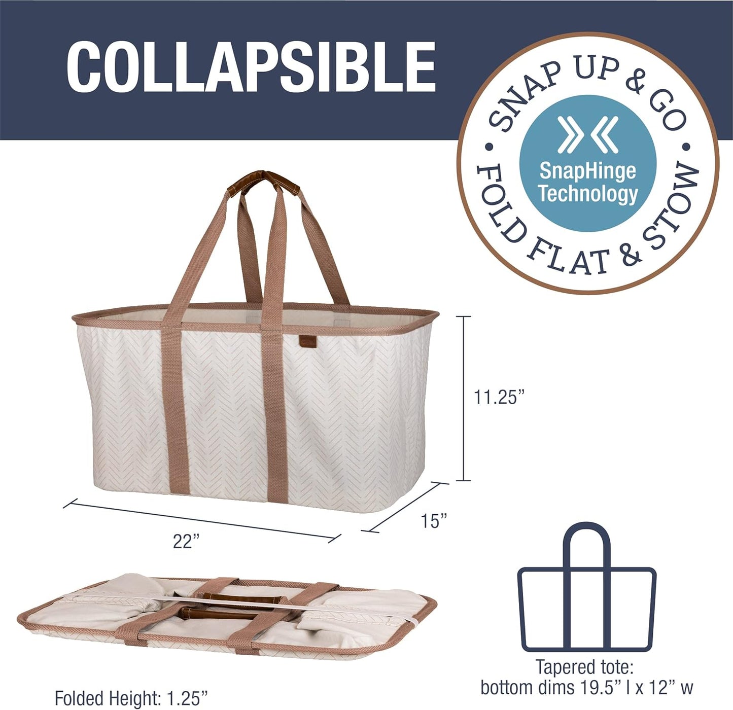 CleverMade Collapsible Laundry Tote - LUXE Cream Herringbone 2Pack 50L -Foldable Storage Organization Container Clothes Laundry Room Storage Solution