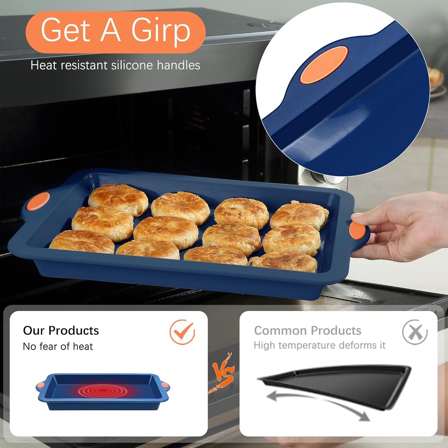 To encounter Silicone Baking Pans Set, 4 Pieces Nonstick Bakeware Set with Baking Pans, Baking Sheets, Cookie Sheets, Cake Pan with Metal Reinforced Frame More Strength, Navy Blue
