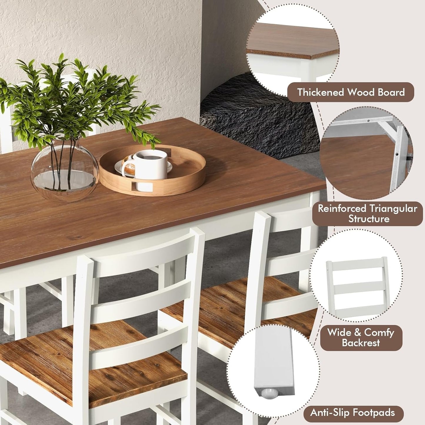 COSTWAY Dining Table Set for 4, Wood Kitchen Table Chairs Set with Rubber Wood Legs, Space-Saving Design, Modern 5-Piece Dinette Set for Small Place, Kitchen, Dining Room, Restaurant (Brown)