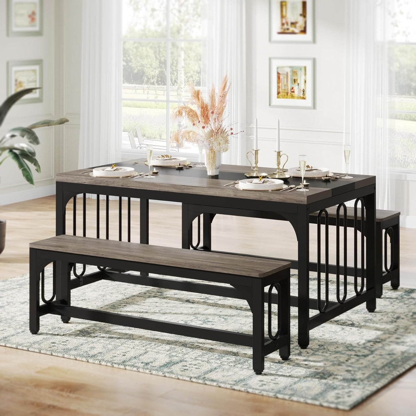 Tribesigns Dining Table with 2 Benches for Living Room, Kitchen, Grey