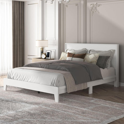 Galano Payne Queen Bed Frame with Headboard – White Platform Bed Frame, Wood Slat Support, No Box Spring Needed, Bedframe Queen Size, Base de Lit Queen, Queen Size Bed Frame
