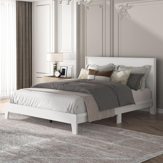 Galano Payne Queen Bed Frame with Headboard – White Platform Bed Frame, Wood Slat Support, No Box Spring Needed, Bedframe Queen Size, Base de Lit Queen, Queen Size Bed Frame