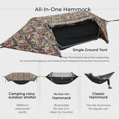 Camping Hammock Tent with Mosquito Net & RainFly, 3 in 1 Waterproof Lightweight Portable Sleeping Hammock Bug Backpacker Travel Outdoor Gear with Tree Strap Swing, for Hiking Patio Expedition (Camo)