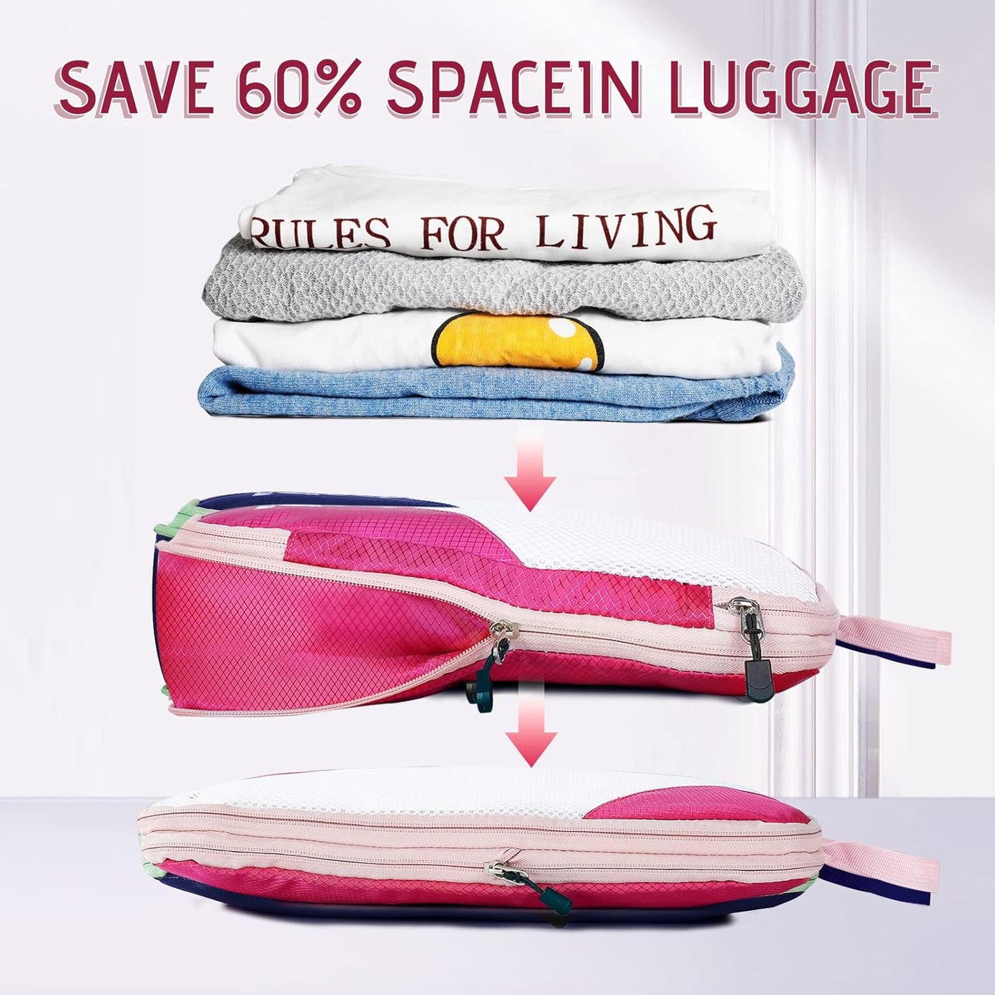 AiQInu 5 Piece Suitcase Organizer, Compression Packing Cube Space-Saving Expandable Ultralight Travel Organizer for Clothes, Shoes, Underwear Travel Set for Backpacks or Hand Luggage (Pink)