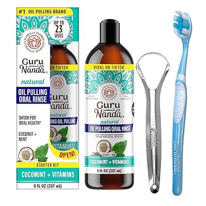 GuruNanda CocoMint Oil Pulling Mouthwash for Complete Oral Hygiene, 7 Essential Oils & Vitamins for Happy Teeth & Gums & Fresh Breath , Alcohol-Free, 8 oz
