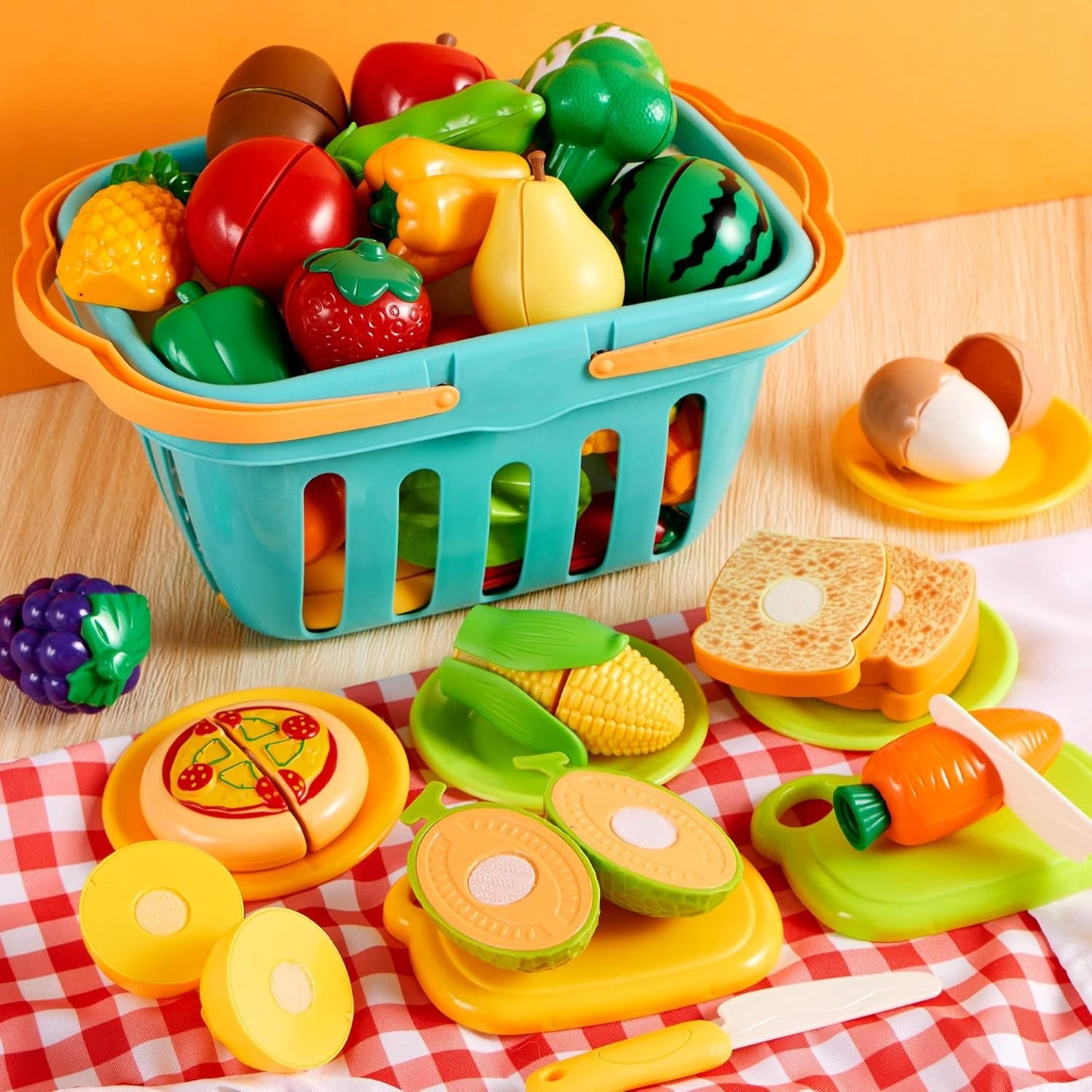 JOYIN 68Pcs Cutting Play Food Toy for Toddlers Kitchen, Fake Food for Kids Play Kitchen, Includes Plastic Fruit &Vegetables, Storage Basket, Mini Dishes and Knife, Pretend Play Toys, Toddler Gifts