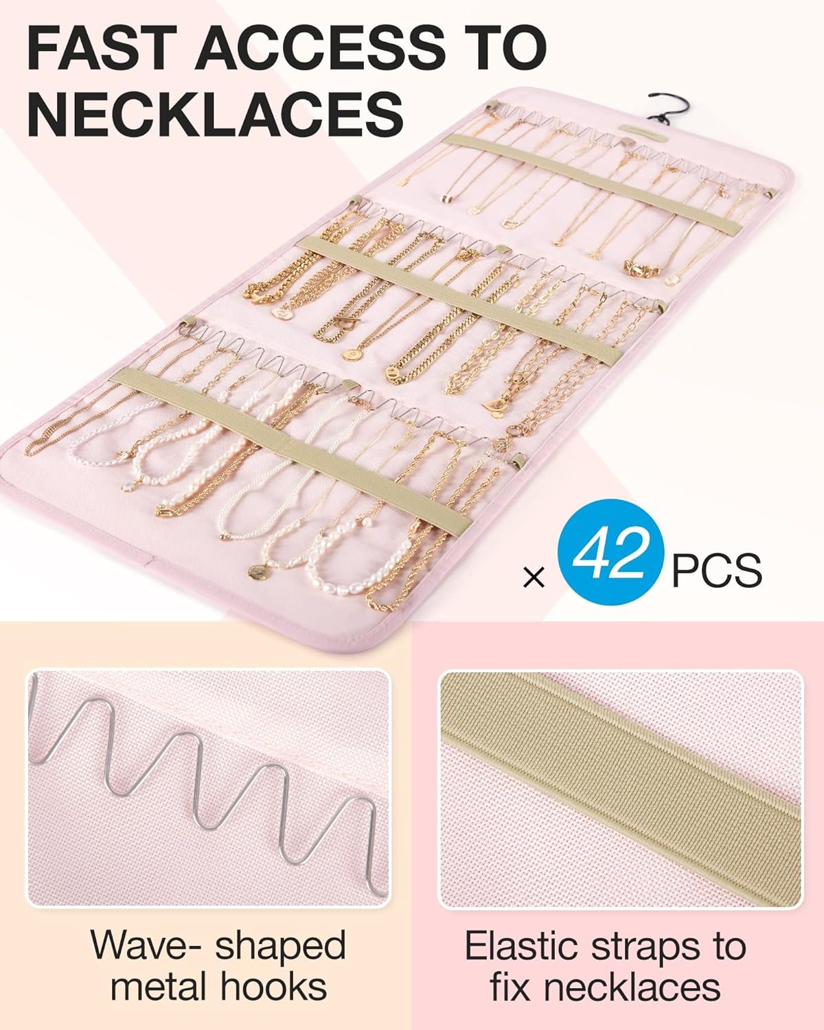 BAGSMART Hanging Jewelry Organizer Storage Roll with Hanger Metal Hooks Double-Sided Jewelry Holder for Earrings, Necklaces, Rings on Closet, Wall, Door, 1 piece, Large, Pink