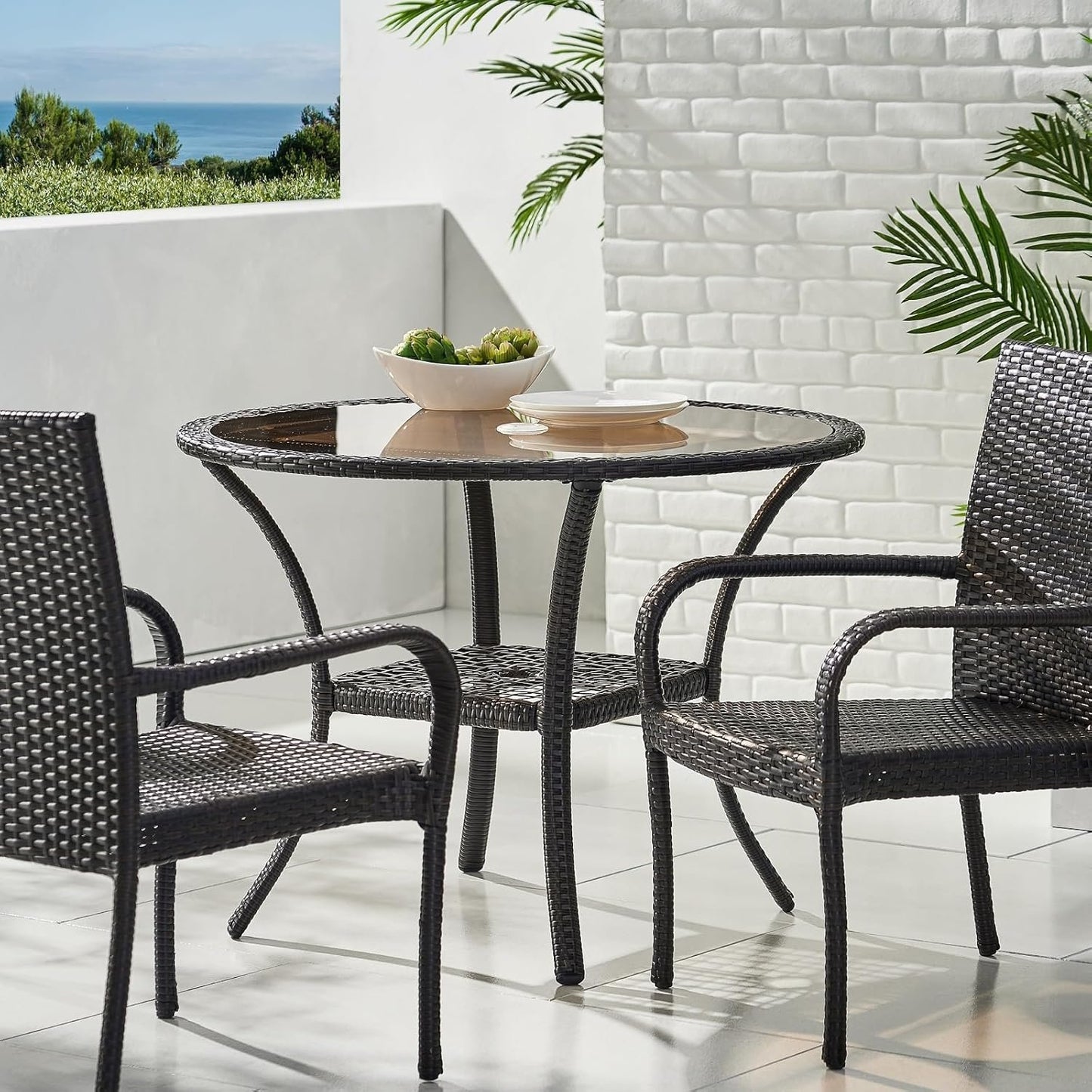 Round Patio Table,Wicker Rattan Table with Glass Tabletop,Outdoor Dining Table with Umbrella Hole for Garden,Balcony,Antique Brown