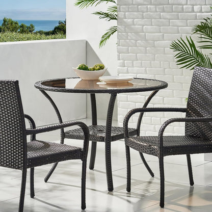 Round Patio Table,Wicker Rattan Table with Glass Tabletop,Outdoor Dining Table with Umbrella Hole for Garden,Balcony,Antique Brown