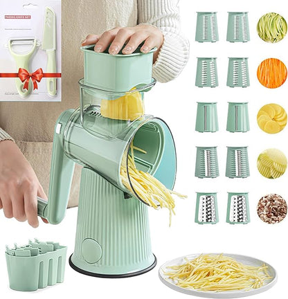 5 In 1 Rotary Cheese Grater Vegetable Slicer for Kitchen, Potato Ricer Microplane, Carrot Shredder Tool-Food Shredders with 5 Sets Interchangeable Blades And Strong Suction Base (Green)