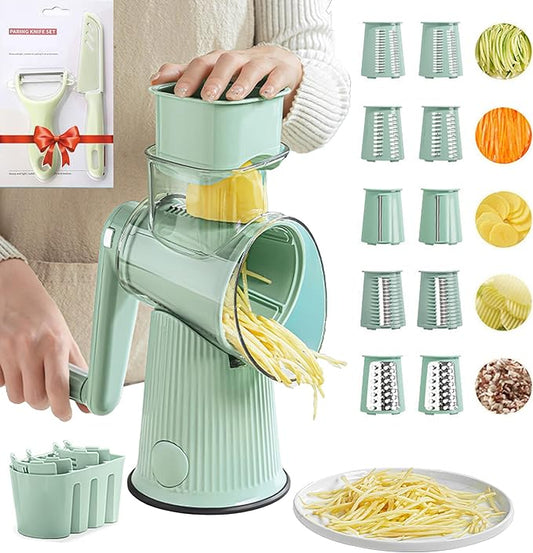 5 In 1 Rotary Cheese Grater Vegetable Slicer for Kitchen, Potato Ricer Microplane, Carrot Shredder Tool-Food Shredders with 5 Sets Interchangeable Blades And Strong Suction Base (Green)