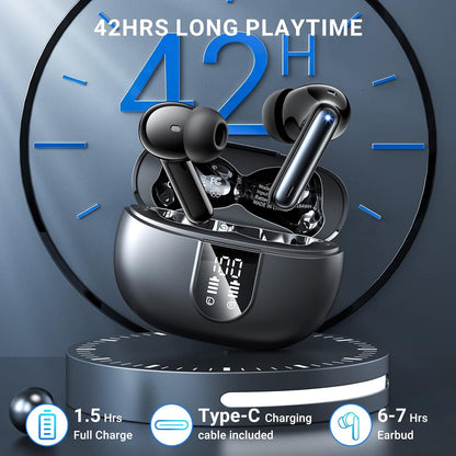 Wireless Earbuds, Bluetooth 5.3 Headphones Deep Bass HiFi Stereo, 2025 New Ear Buds with 4 ENC Noise Cancelling Mic, 42Hs Playtime In Ear Earbud, Sport Earphones with LED Power Display for Android iOS