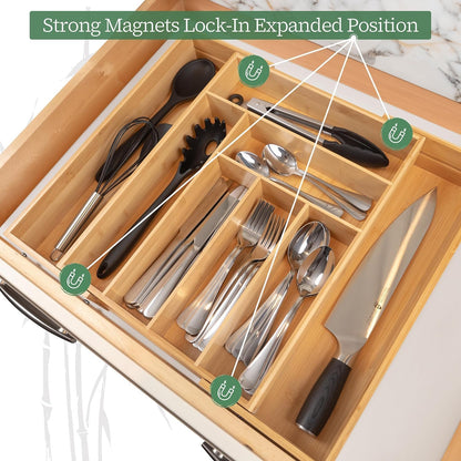 Utensil Drawer Organizer - 3" Deep 100% Bamboo Wooden Expandable Adjustable Kitchen Silverware Flatware Cutlery and Accessories Home Pantry Storage Organization Tray with Magnetic Lock