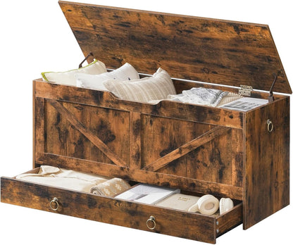 HOOBRO Storage Chest, 110 cm Toy Chest with Drawer, Wooden Storage Bench, Sturdy Entryway Bench Supports 100 kg, Shoe Bench, Safety Hinge, U-Shaped Opening, Easy Assembly, Rustic Brown FG711CW01G1