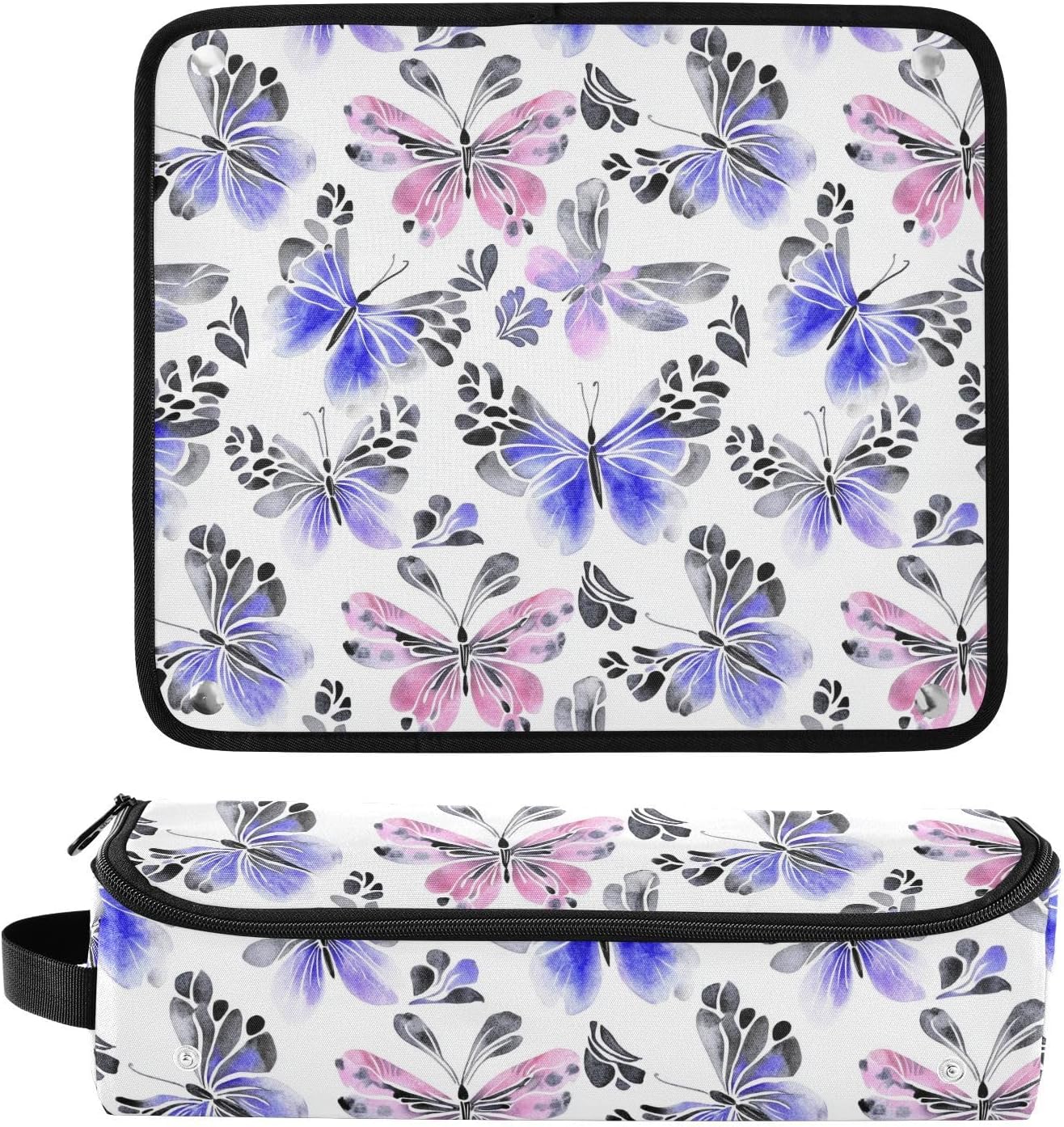 Borsa da viaggio per strumenti per capelli con tappetino resistente al calore, organizer per strumenti per capelli, accessori per la cura dei capelli, farfalle misteriose viola, elementi essenziali da