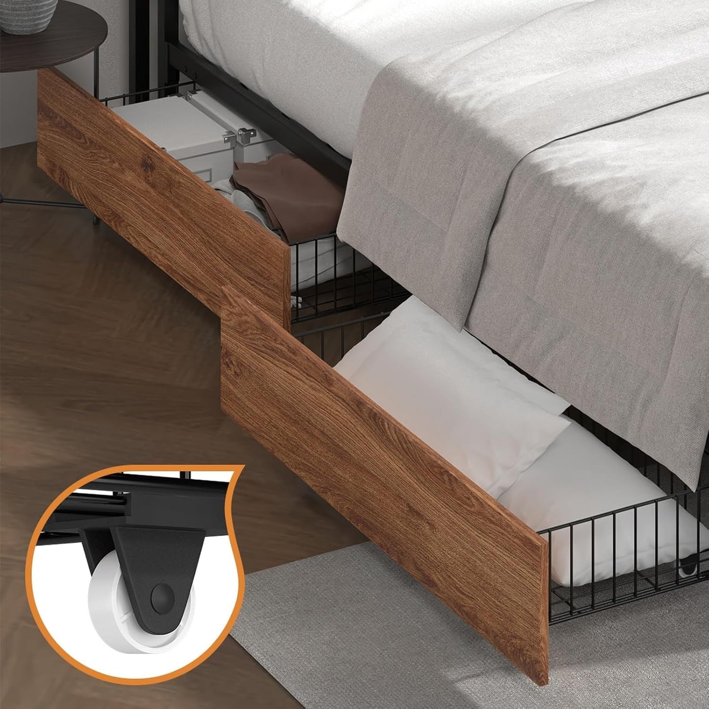 Oikiture King Bed Frame with Led Light and Charge Station Metal Bed with 4 Drawers
