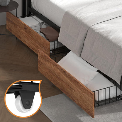 Oikiture King Bed Frame with Led Light and Charge Station Metal Bed with 4 Drawers