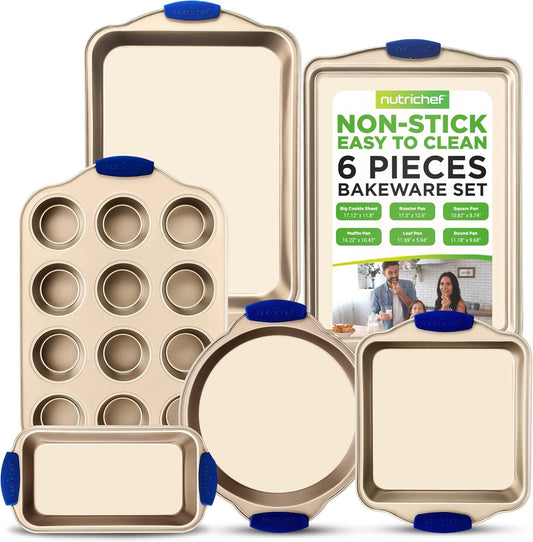 6-Piece Nonstick Bakeware Set - PFOA, PFOS, PTFE-Free Carbon Steel Baking Trays w/Heat Safe Silicone Handles, Oven Safe Up to 450Â°F, Pizza Loaf Muffin Roaster/Round/Square Pans, Cookie Sheet