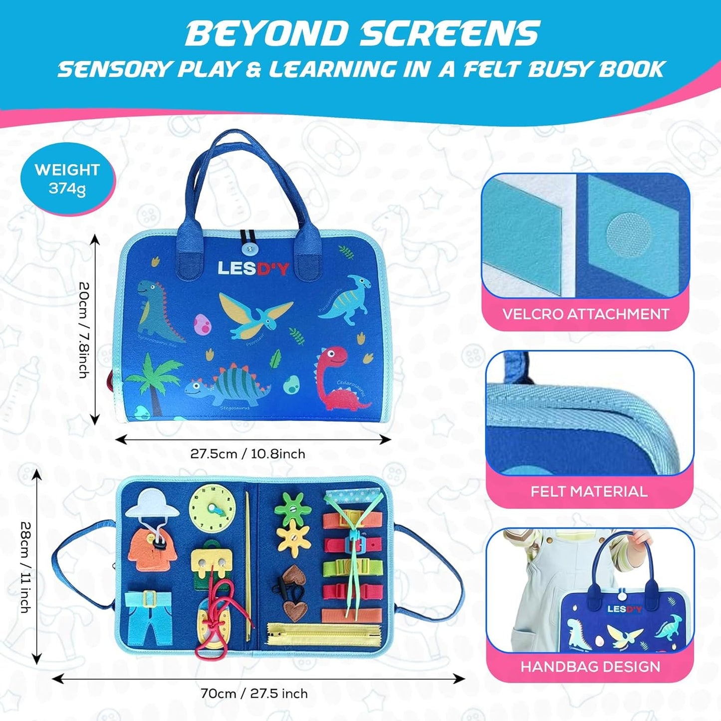 LESD'Y Toddler Busy Board,Montessori Toys for 1 2 3 4 Year Old Boys Girls Toys,Gifts,Travel Toys for Airplane Car train,Books Educational,toy 3 years old,learning toy,Busy Board for Toddlers(Dinosaur)