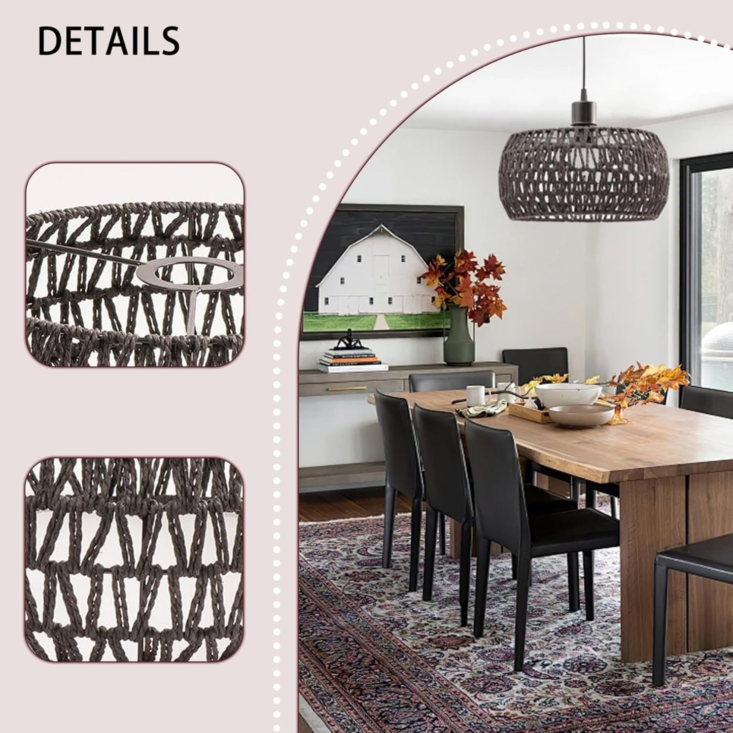 Rattan Pendant Light Shade, 12x6 Woven Pendant Light Shade, Elegant Rustic Round Hanging Lamp Shade for Dining Room Bedroom Kitchen Teahouse, Black,Hanging Lamp Shade